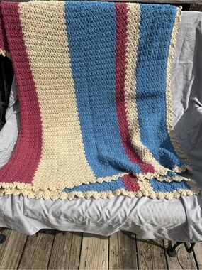 Grandma Core Handmade Striped Crochet Throw Blanket in Cream, Blue & Berry